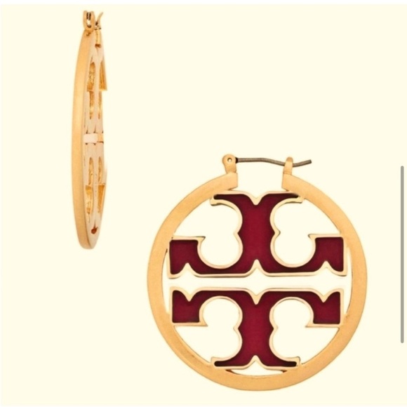 Tory Burch Red Enamel and Gold Miller Logo Earrings NWT - Picture 2 of 5